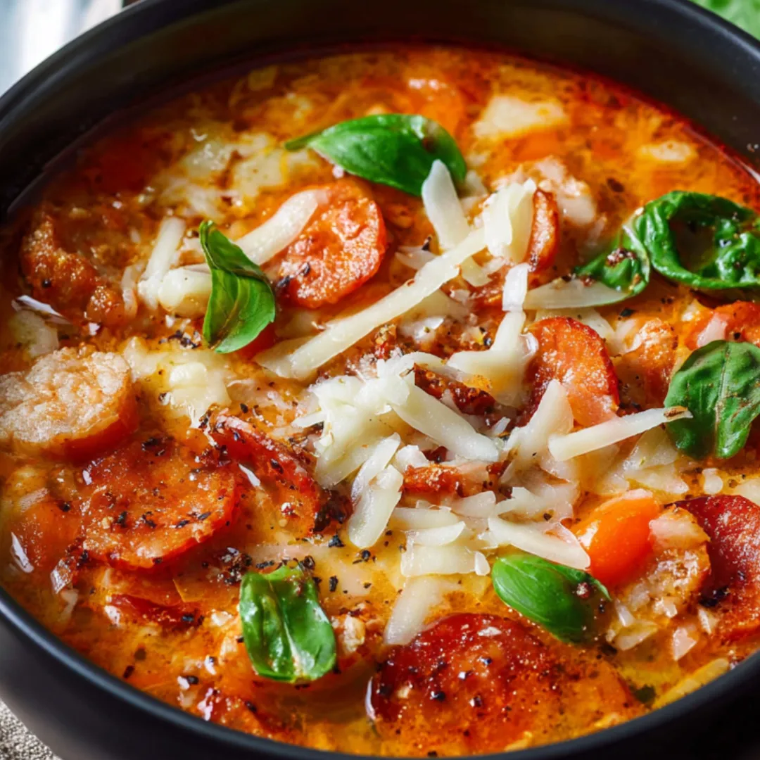Soup loaded with meats and veggies, served in a bowl.