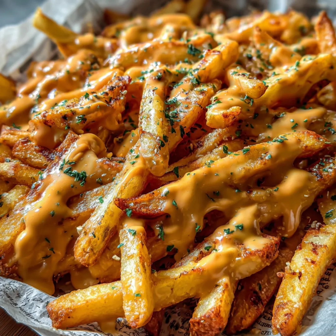 Crispy fries on a plate with melty cheese on top.