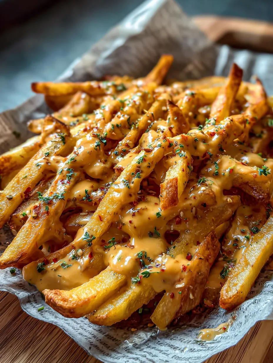 A plate piled high with fries and melted cheese.