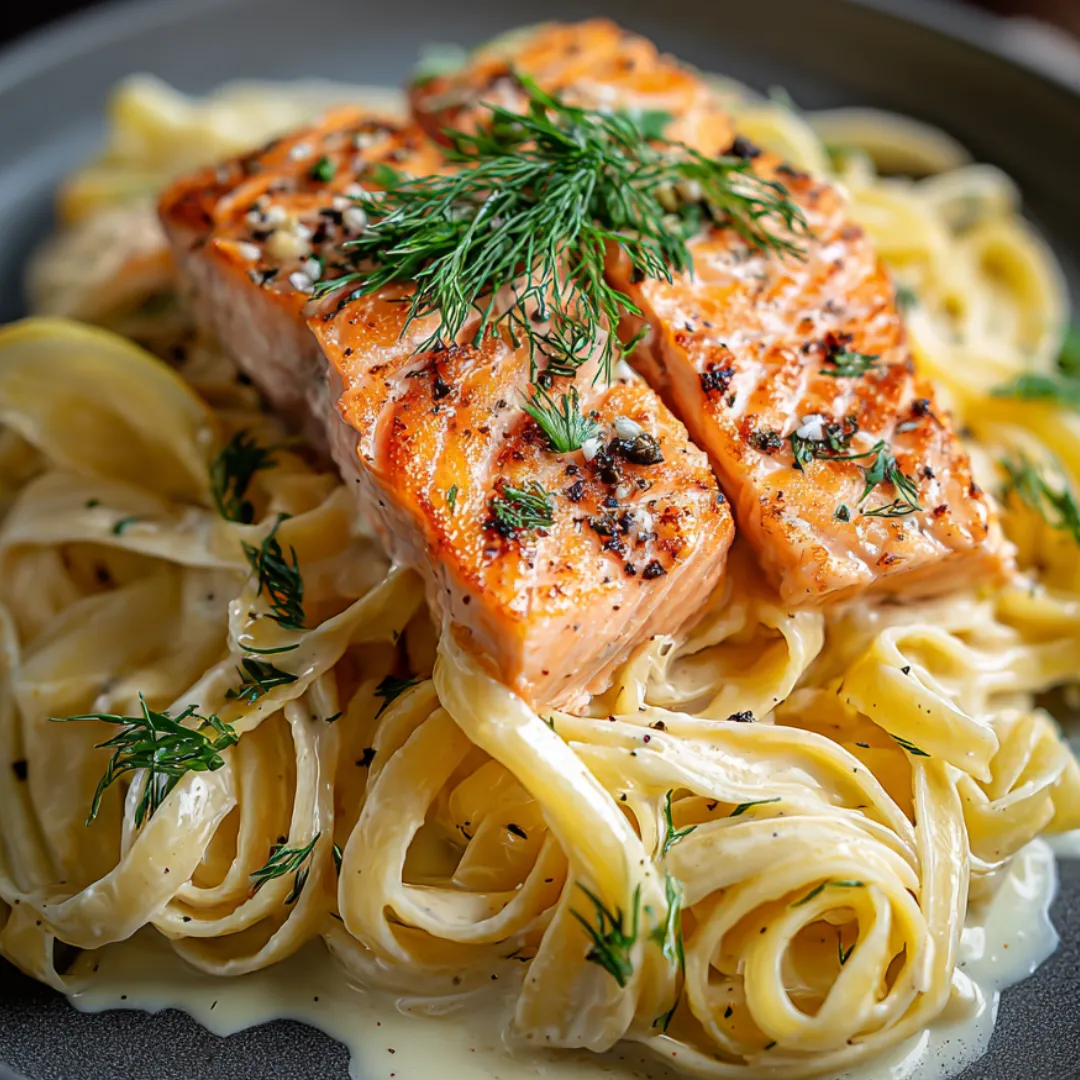A plate holding salmon and pasta with herbs on top.