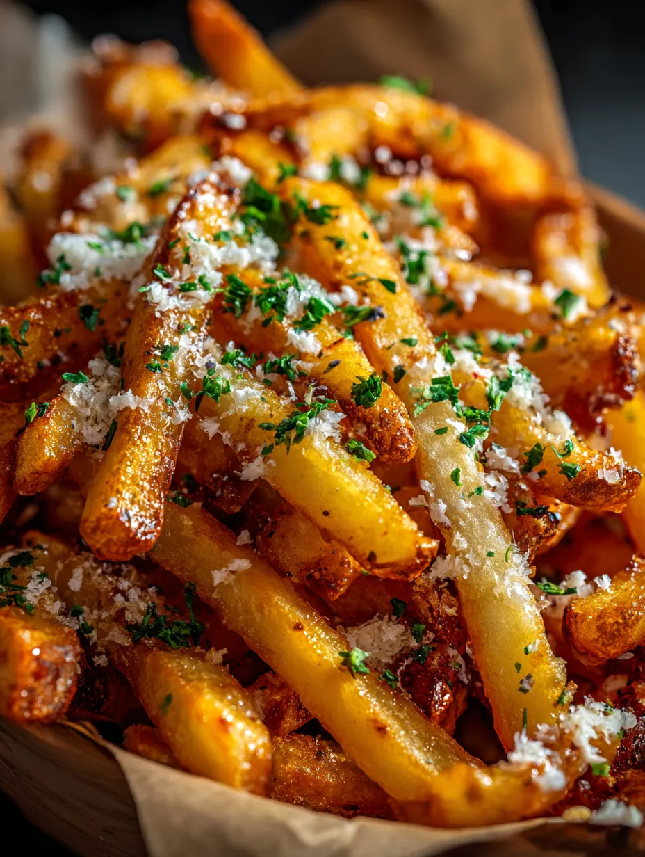Close up view of cheesy fries topped with herbs