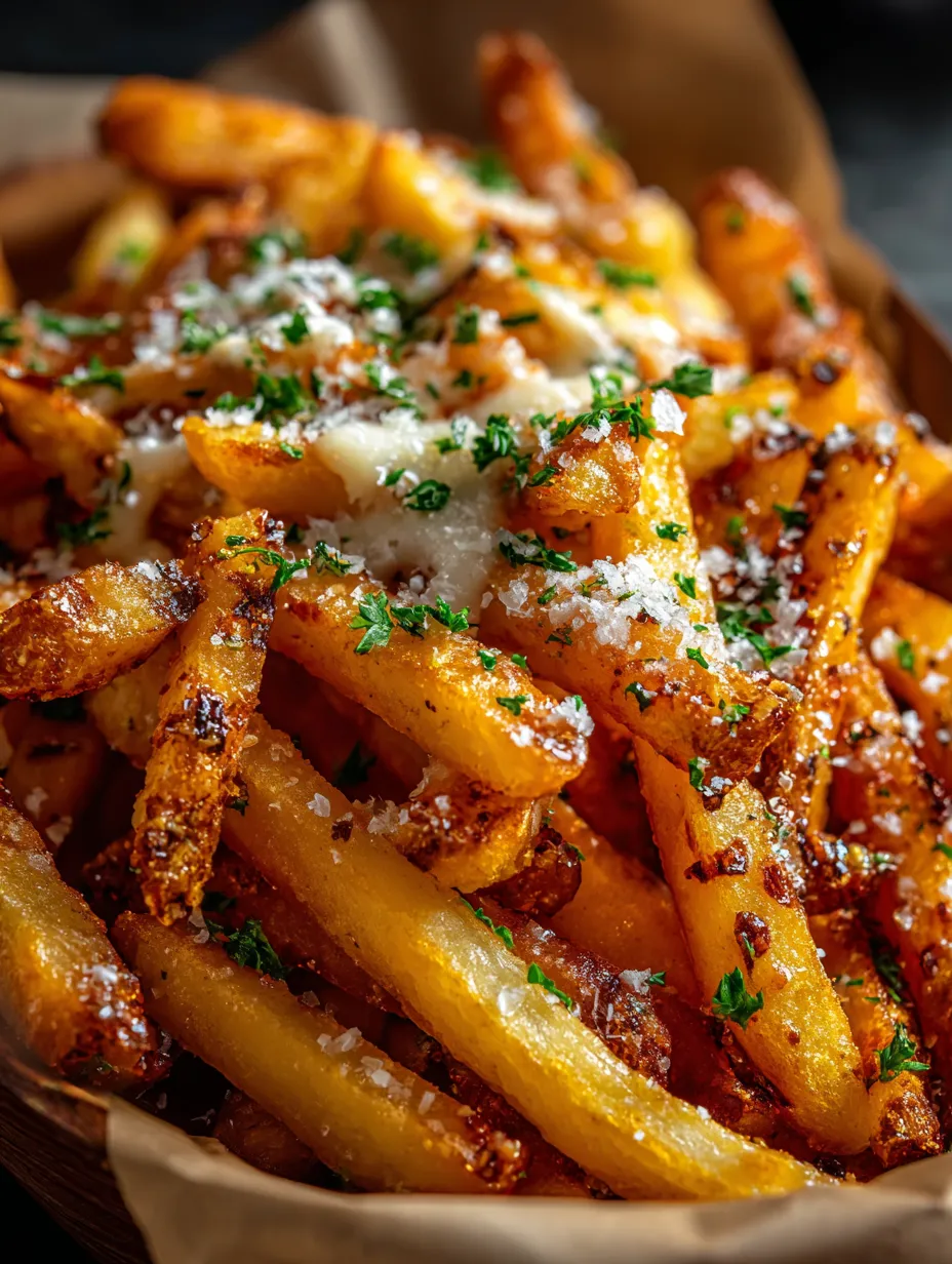 Cheesy fries with fresh parsley in close-up shot