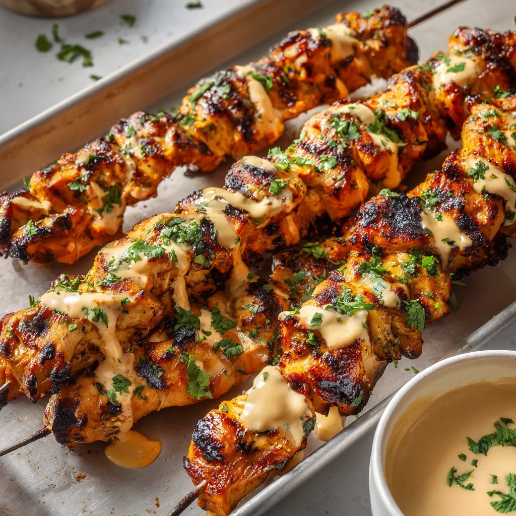 Tray stacked with kebab sticks and tasty sauce.