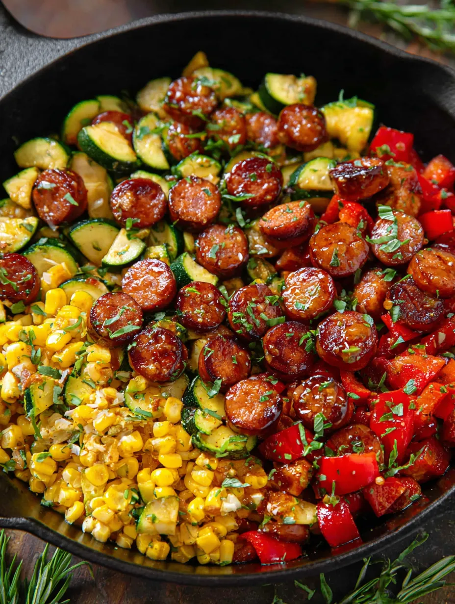 A bowl loaded with sausage, peppers, zucchini, and corn.