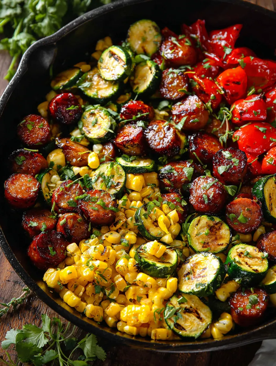A skillet full of corn, zucchini, tomatoes, and sausages.