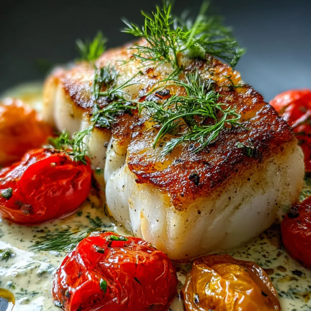 Dish heaped with tomatoes, fresh green herbs, and juicy fish.