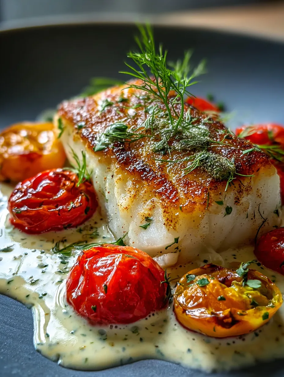 A plate loaded with grilled fish, roasted tomatoes, and onions.