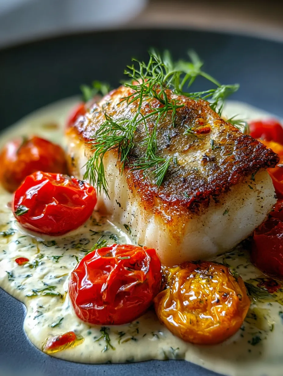 A plate filled with roasted tomatoes and flaky white fish.