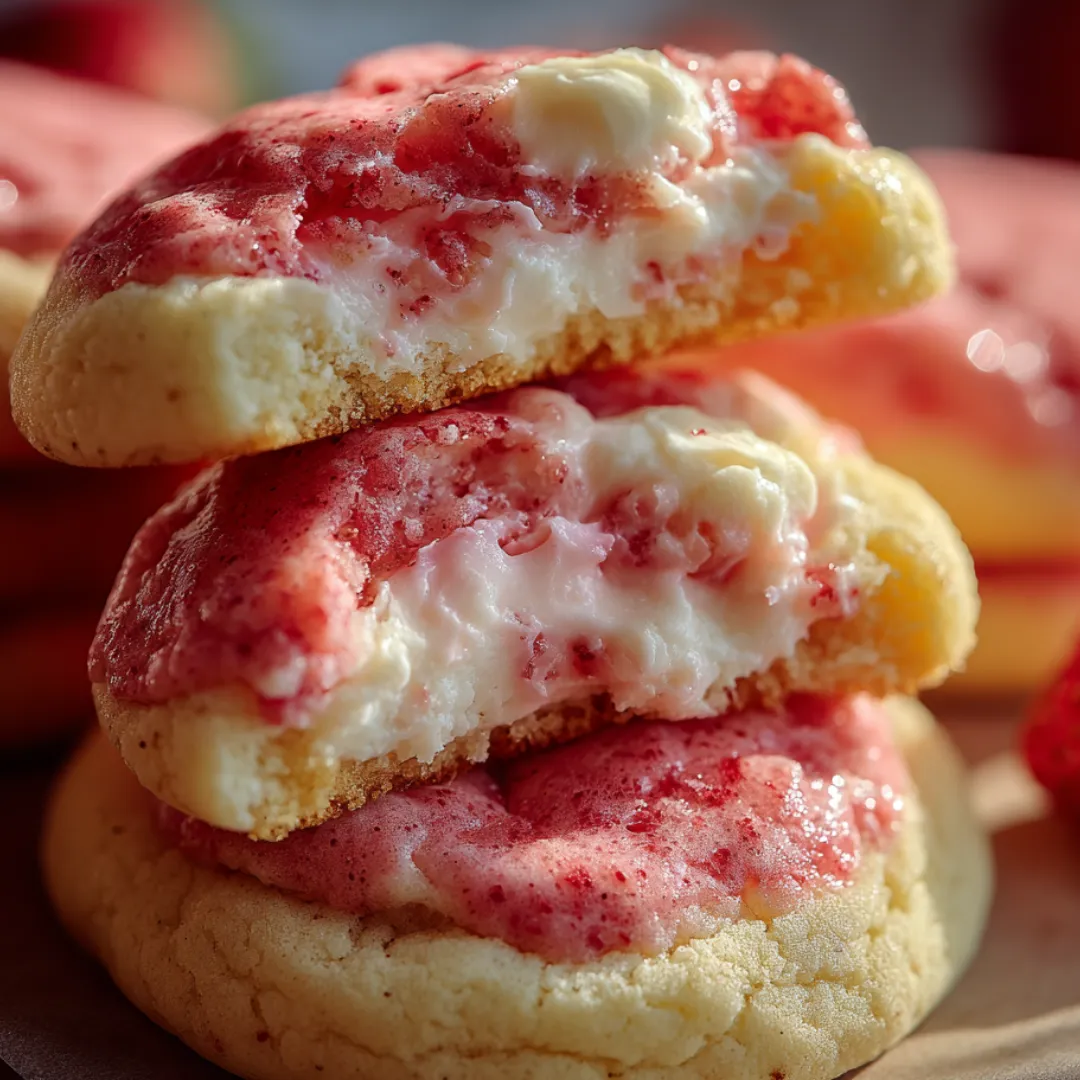 Cookies stacked up, topped with swirls of pink and white creamy frosting.