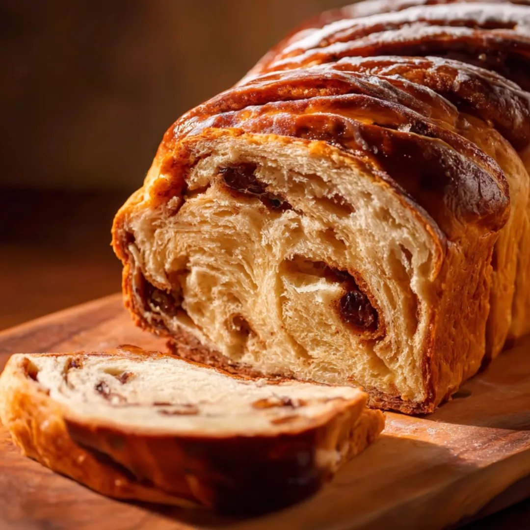 Golden bread loaf with a slice missing.