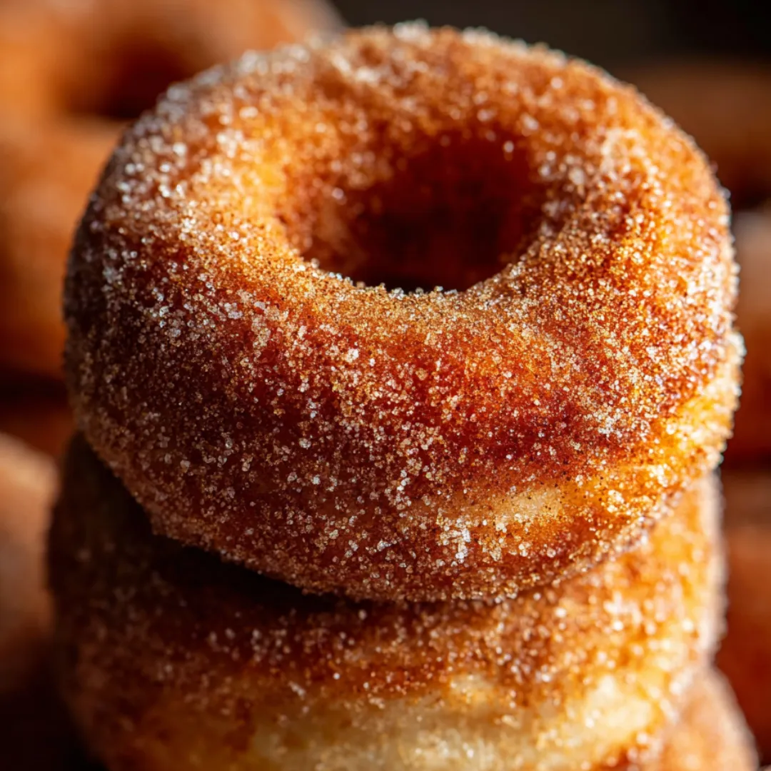 Stacked donuts sprinkled with sugar.