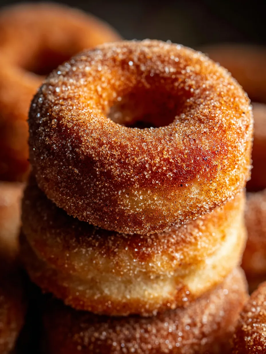 Sugar-topped donuts stacked high.