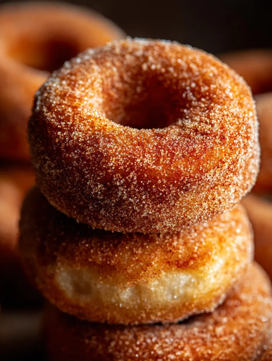 Sugary donuts stacked together.