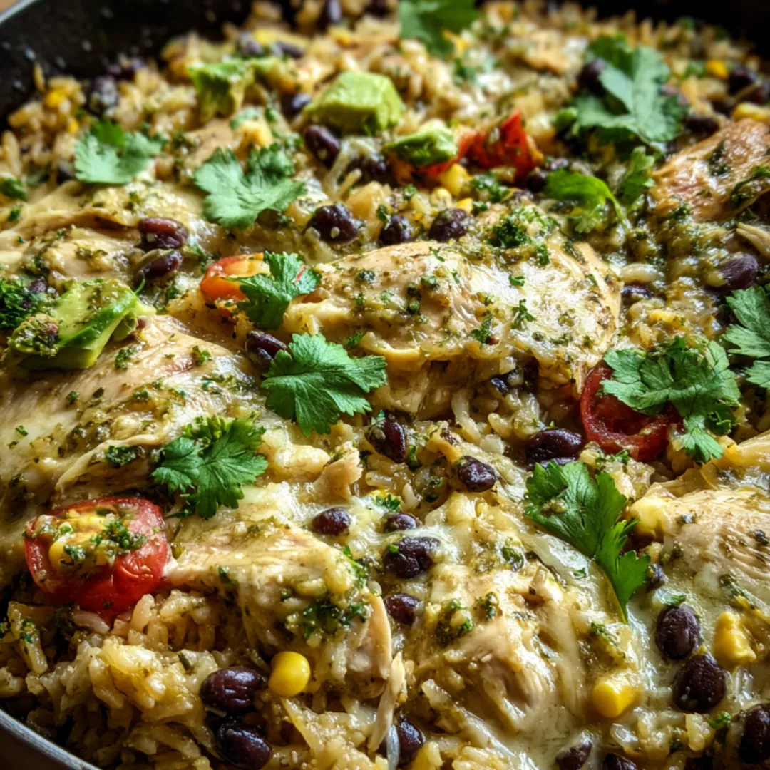 A skillet with chicken, rice, beans, and tomato bits all mixed together.