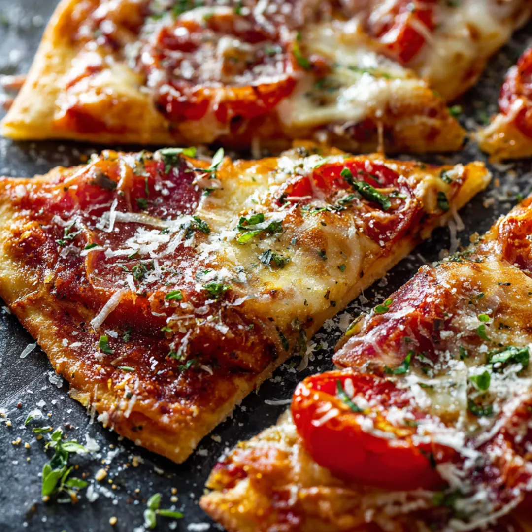 Pizza slice covered in tomatoes and bubbly cheese.