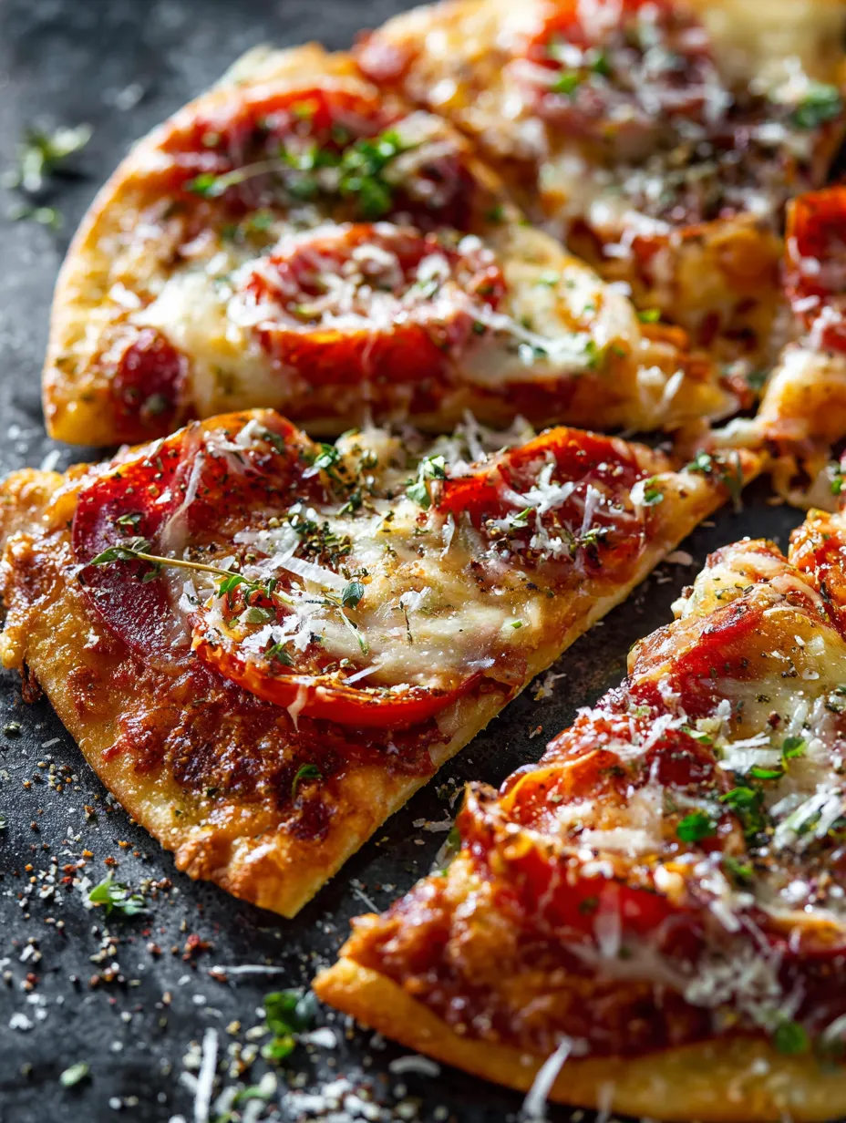 A pizza stacked with gooey cheese and tomatoes sits on a dark table.