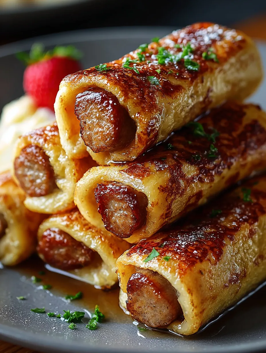 A plate filled with sausages and a juicy strawberry.
