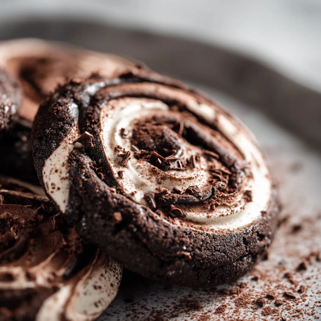 A plate stacked with chocolatey cookies sporting swirls of white.
