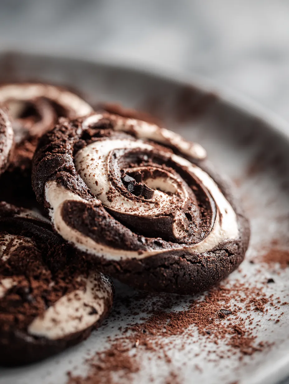 Cookies with chocolate and marshmallow swirls on a plate.