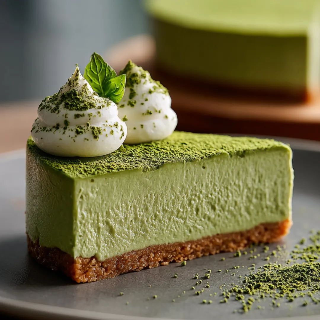 Green cake slice with white topping and mint, ready to eat.