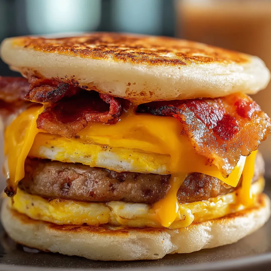 A breakfast sandwich with egg and bacon.