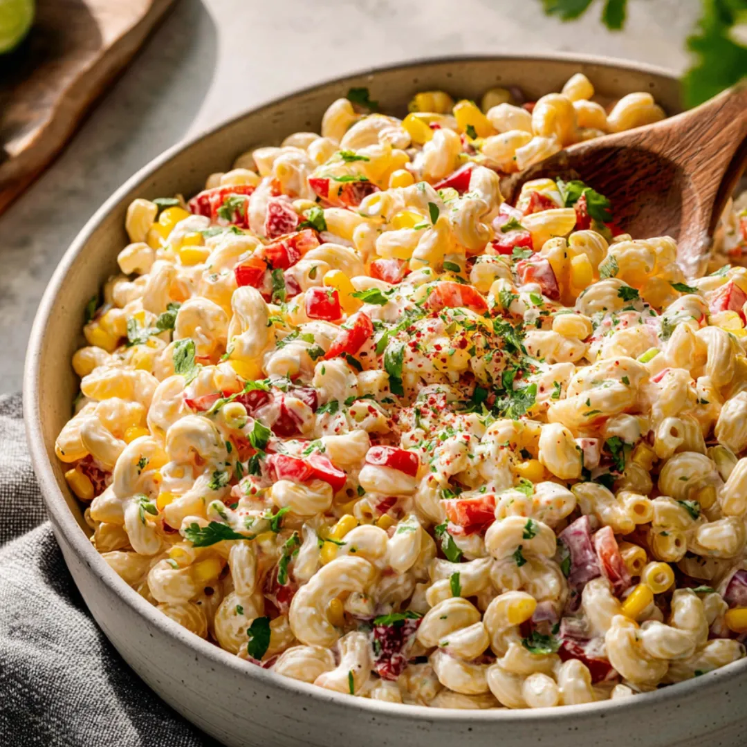 Macaroni with corn and tomatoes in a bowl.