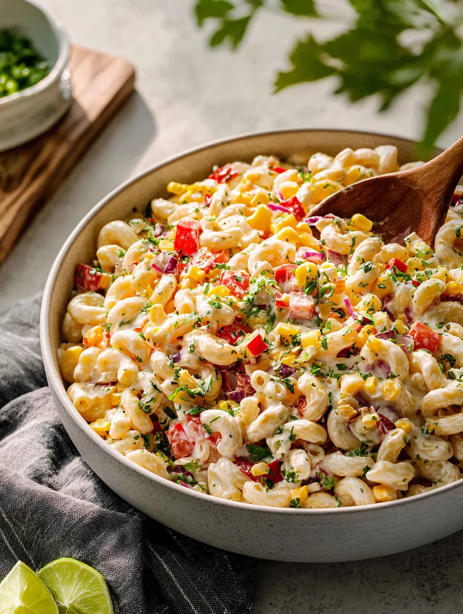 A bowl loaded with macaroni, tomatoes, corn and herbs.