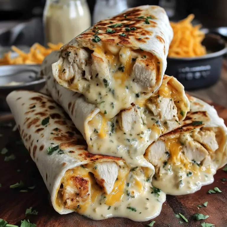 A pile of wraps stuffed with chicken, cheese, and creamy sauce.