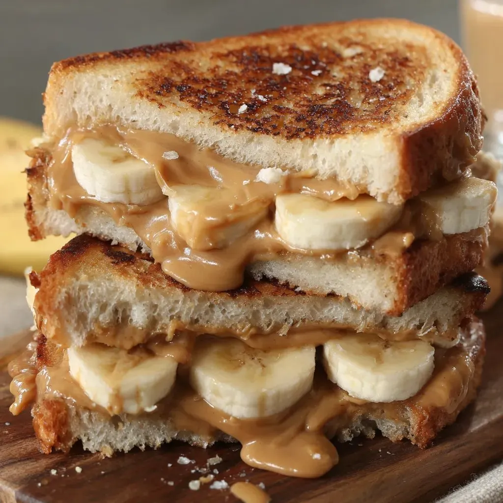 Banana and peanut butter sandwiches stacked up.