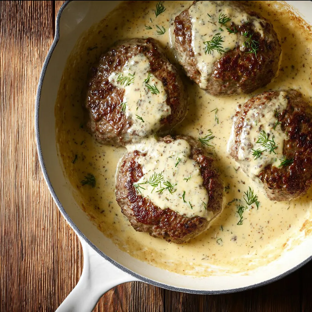 Juicy meat patties in a creamy sauce, served on a rustic wood table.