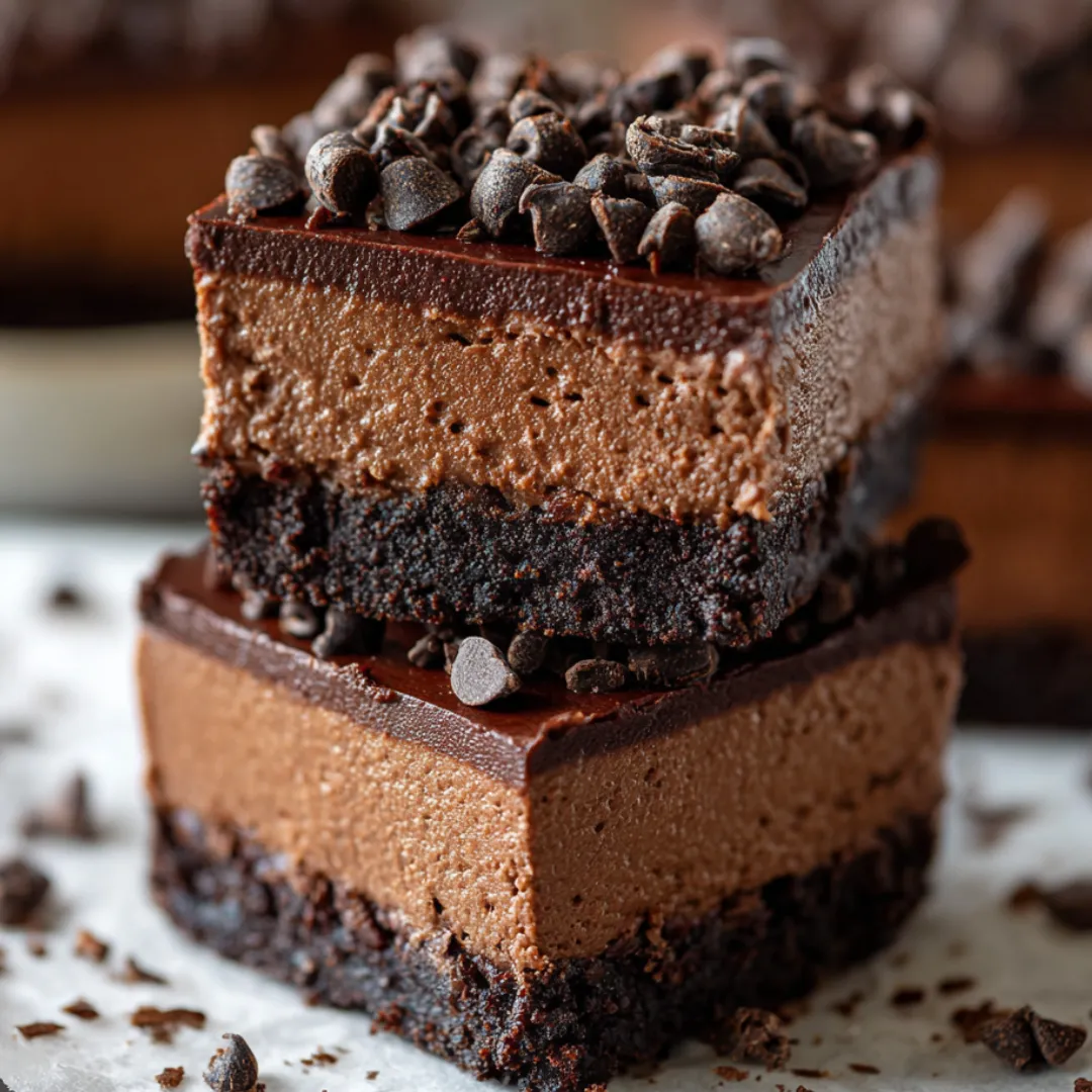 Chocolate cake slice with chocolate chips on top.