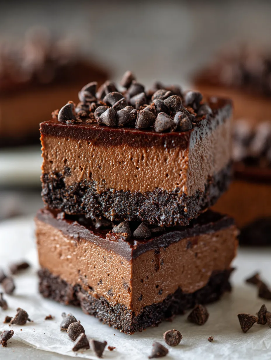 Chocolate cake square topped with chocolate chips.