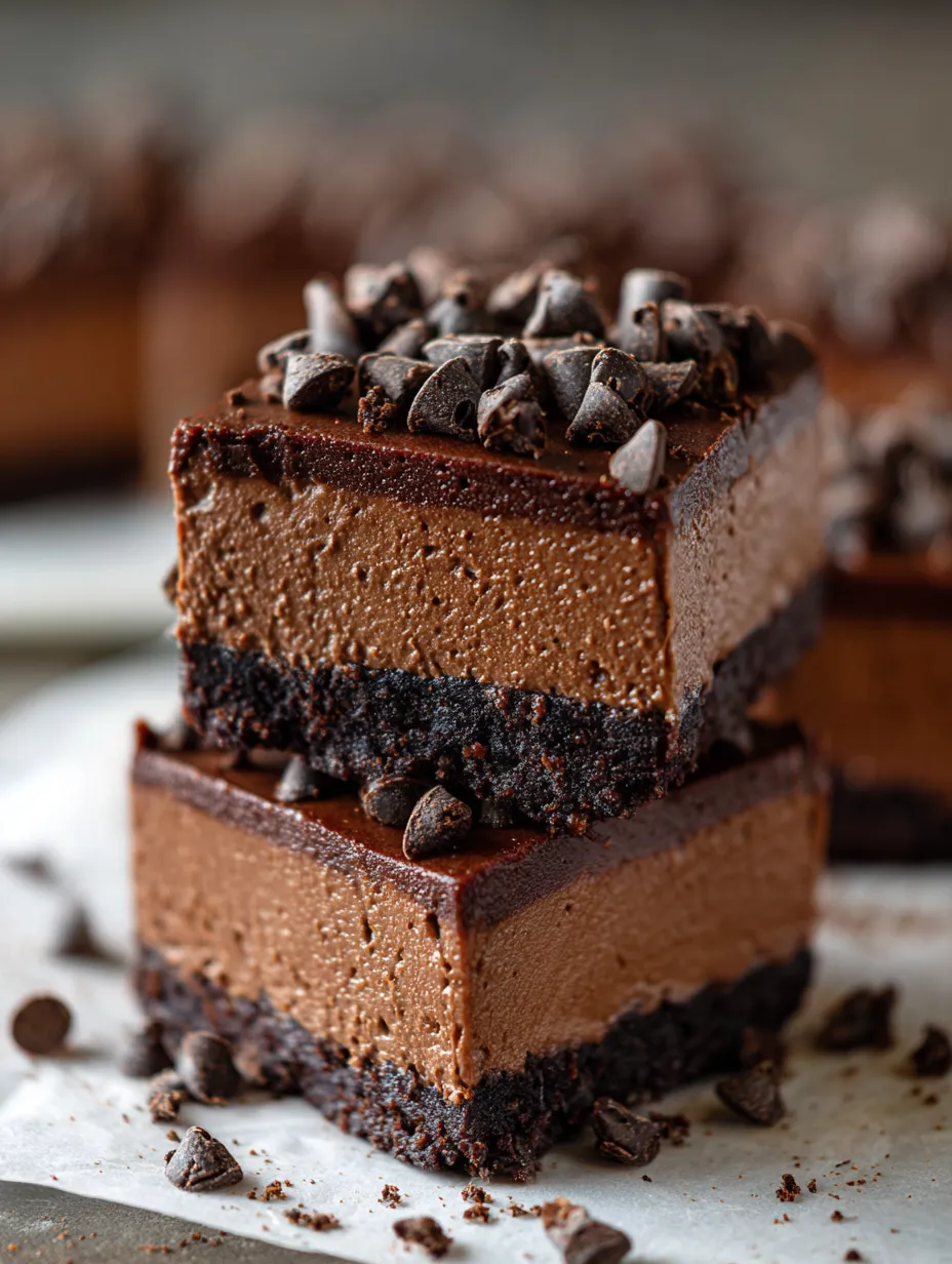 Chocolate cake square with chocolate chips on top.