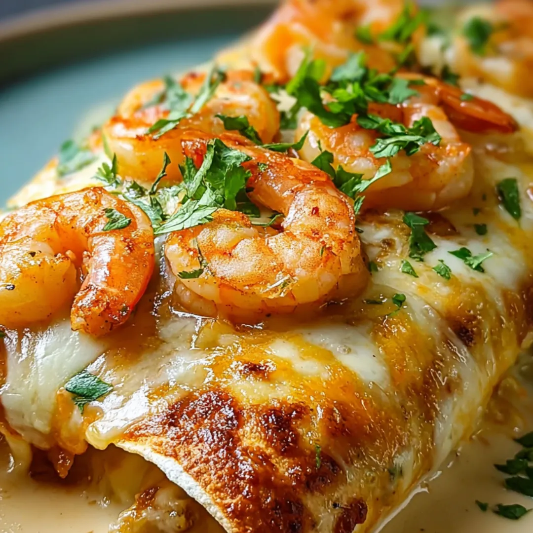 Shrimp topped with gooey cheese on a plate.