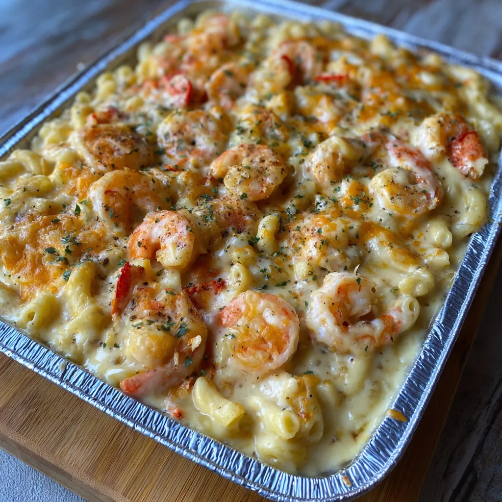 A dish filled with mac and cheese plus shrimp on top.