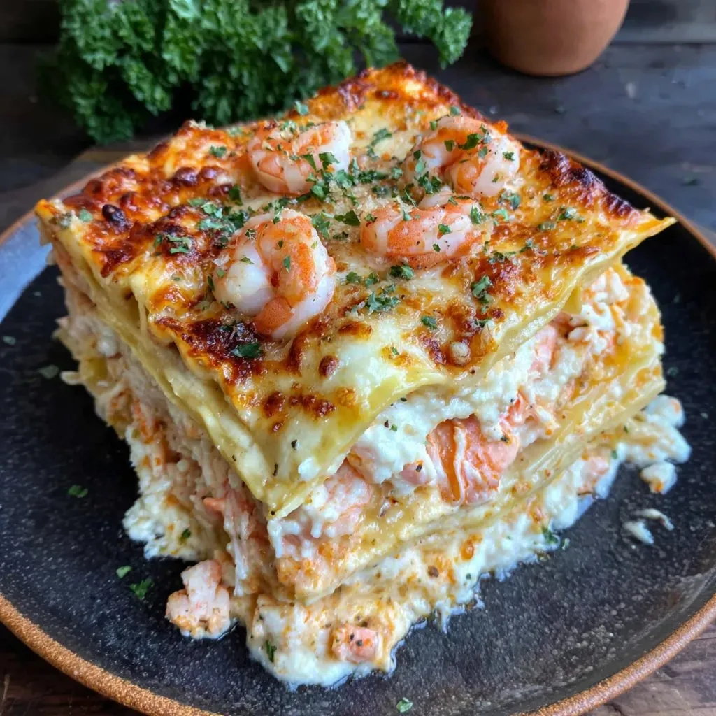 Shrimp and cheese packed in a slice of lasagna.