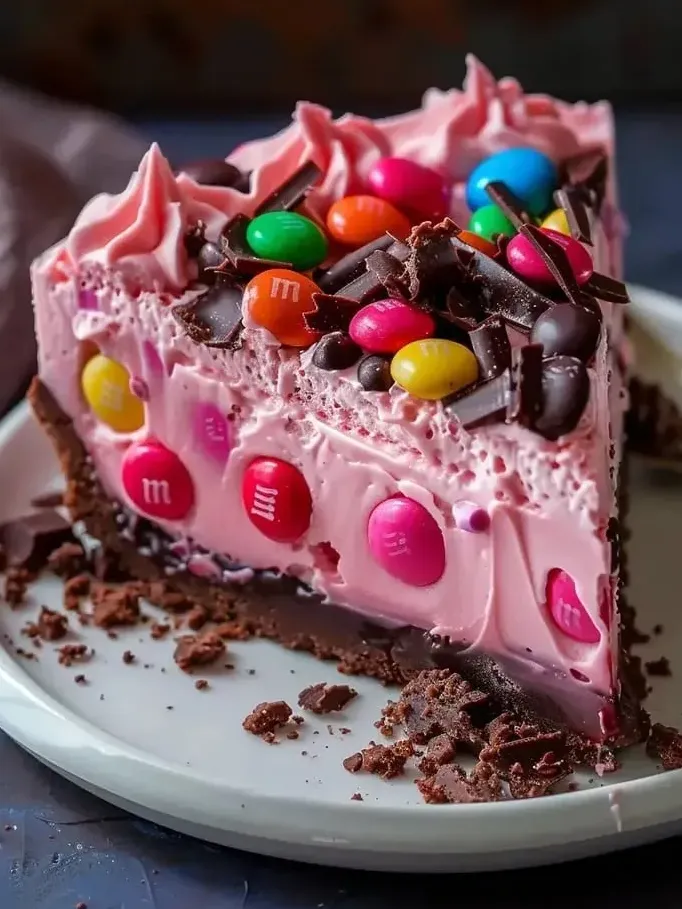 A slice of cake covered with M&amp;M candies sits on a plate.