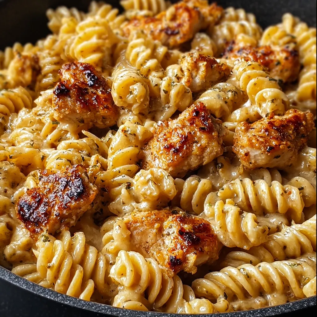 Pasta loaded in a skillet with cheese and chunks of chicken.