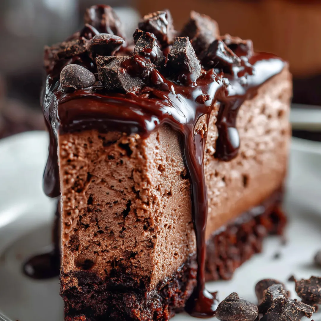 Chocolate cake slice covered with drippy fudge.