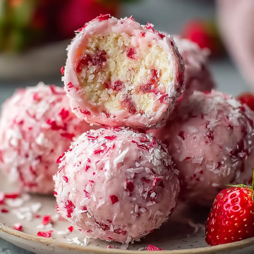 A plate stacked with pink cheesecake balls topped with bits of strawberry.