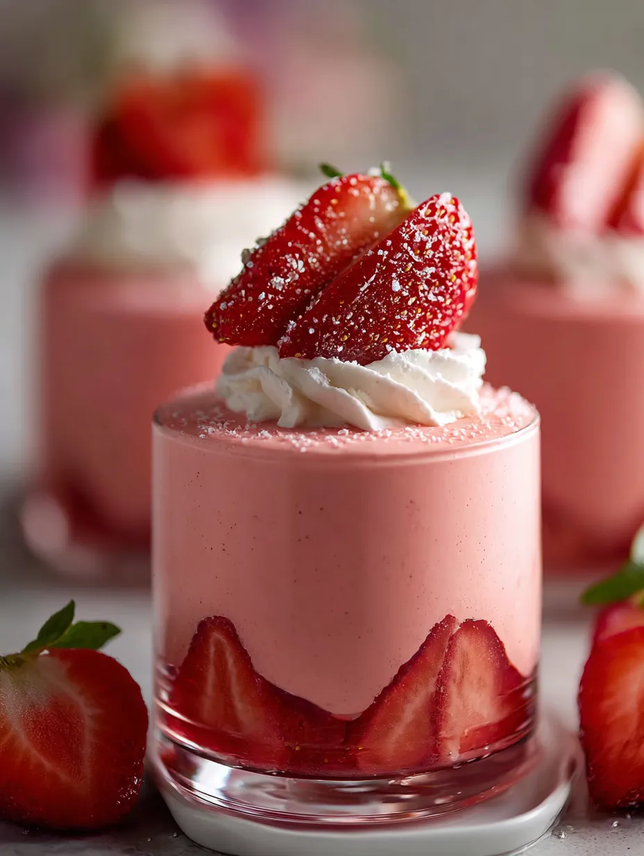A slice of pink cake with white whipped cream and strawberries sitting on top.