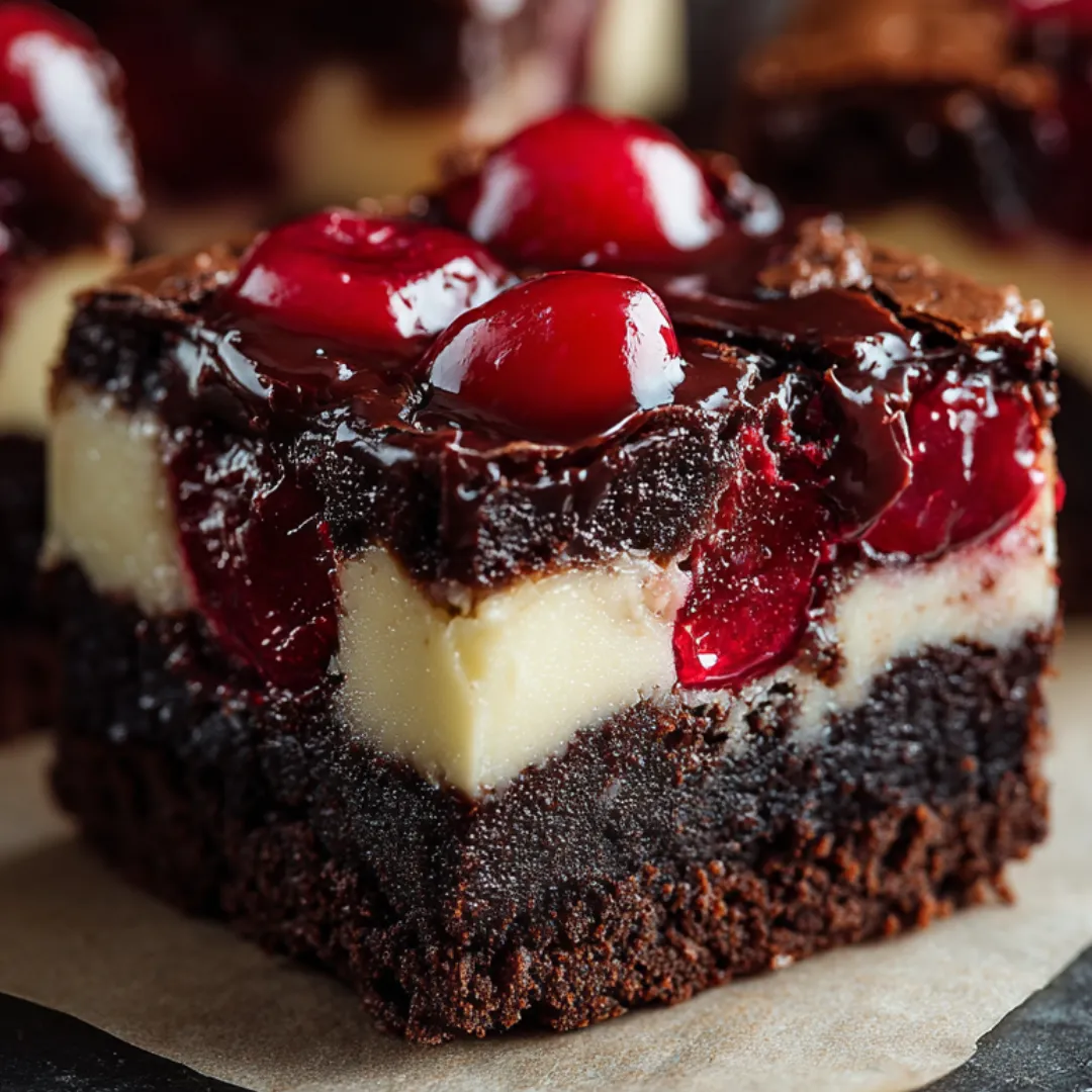 Brownies loaded with chocolate and topped with a splash of cherries.