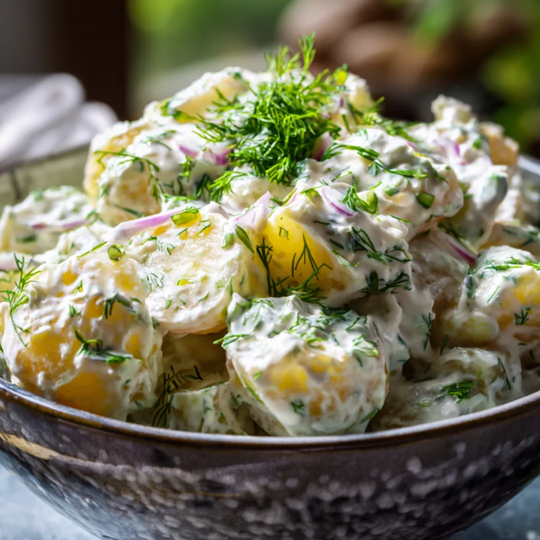 A bowl piled with potatoes and fresh herbs on top.