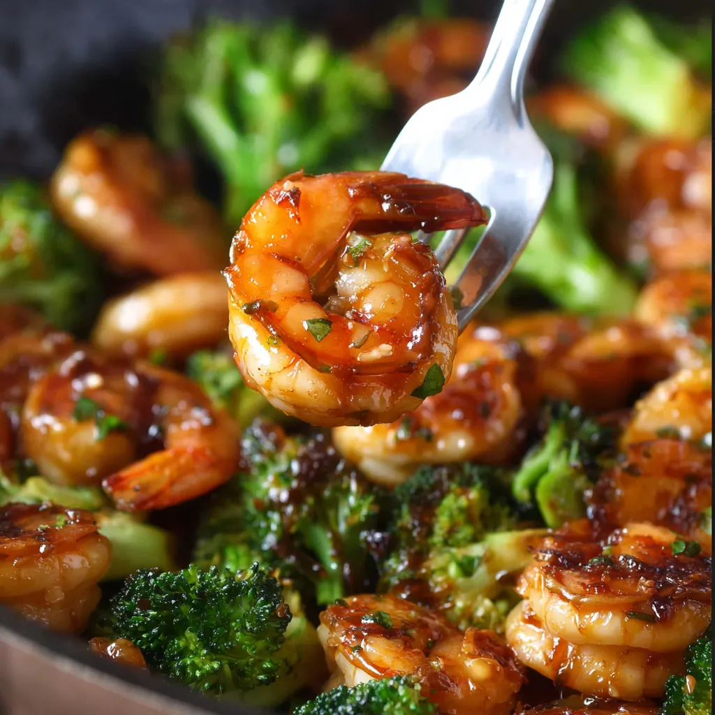 A fork picking up shrimp from a plate packed with food.