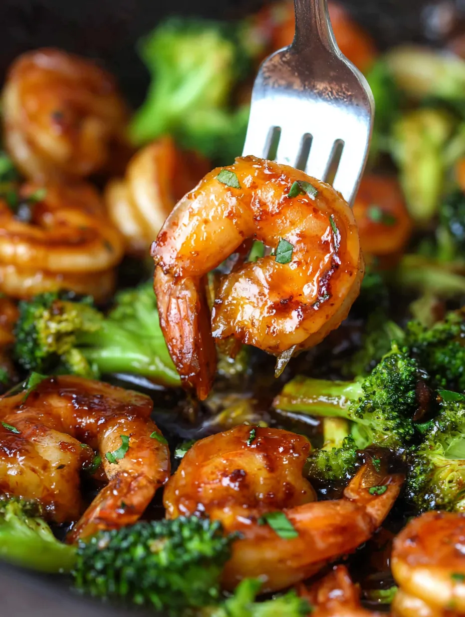 Fork scooping up juicy shrimp.