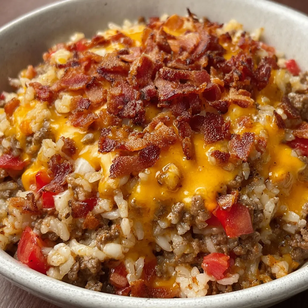 A bowl packed with bacon, rice, and tasty toppings.
