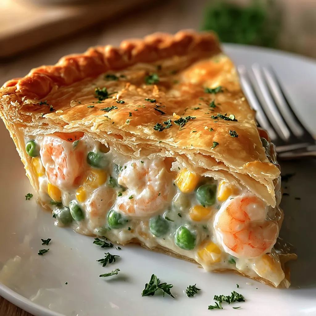 A slice of golden shrimp pie with peas hanging out on a white plate.