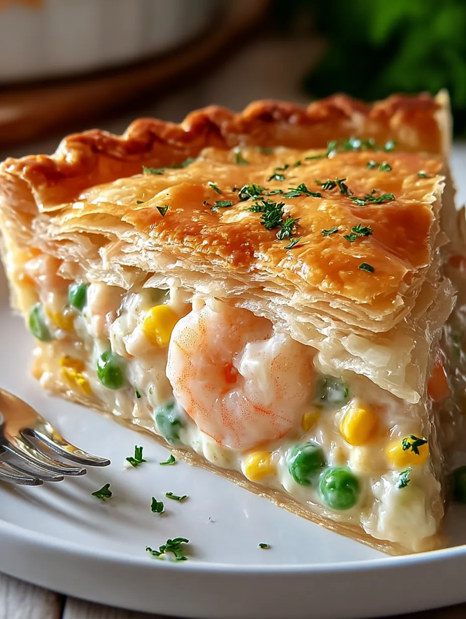 A wedge of shrimp pie packed with peas on a plate.