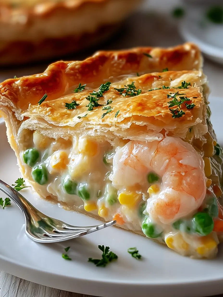 A delicious slice of shrimp pie dotted with peas.