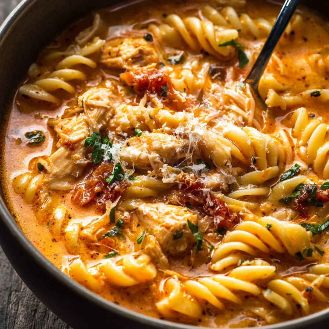 Steaming bowl loaded with pasta, chicken, and melted cheese.